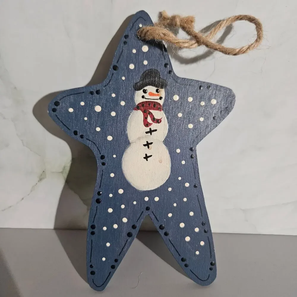 Wooden Star Snowman Christmas Ornament